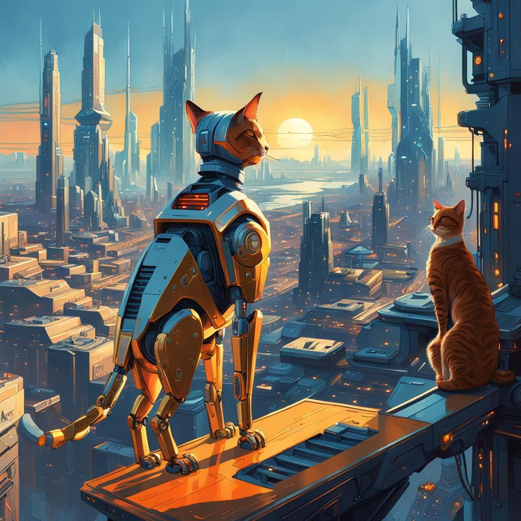 Futuristic Robot Cat Deities Reign Over Cityscape