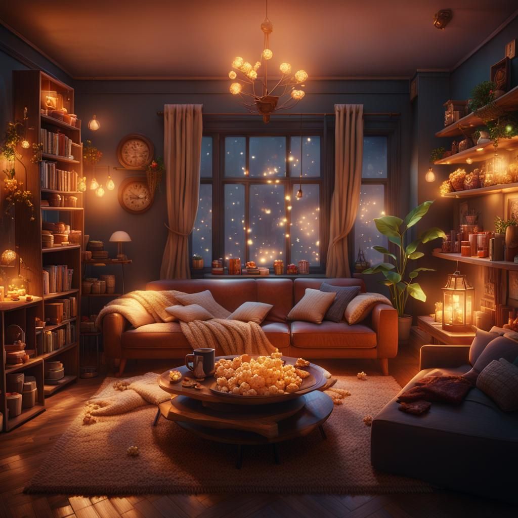 Cozy Apartment Interior with Fairy Lights