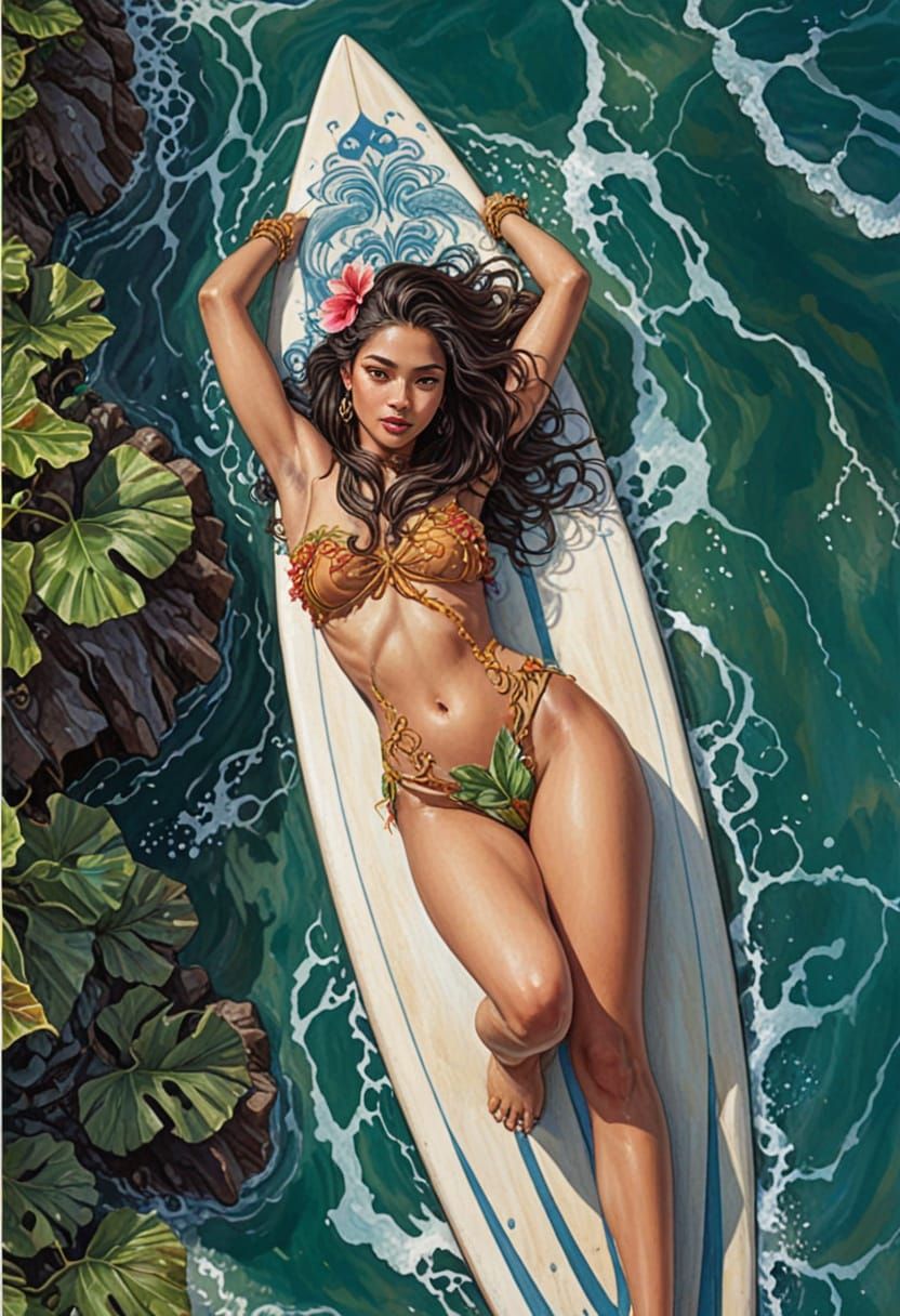 Caramel Skin Hula Dancer on Surfboard at Sunset