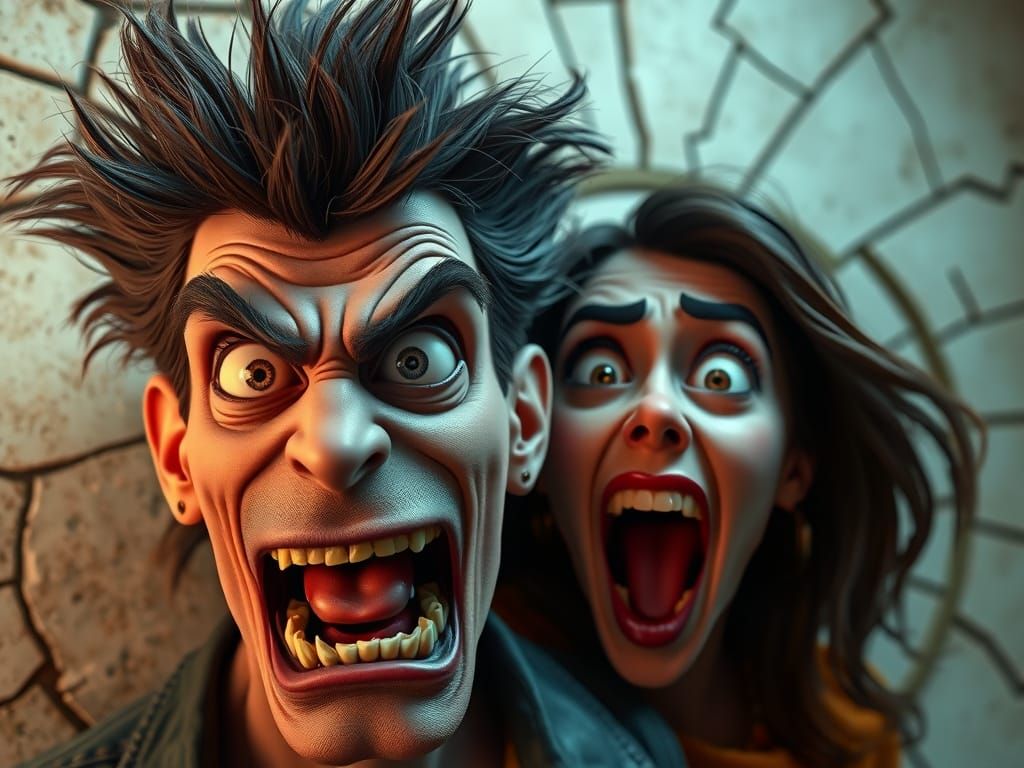 Pixar Style Bizarre Man and Hysterical Woman