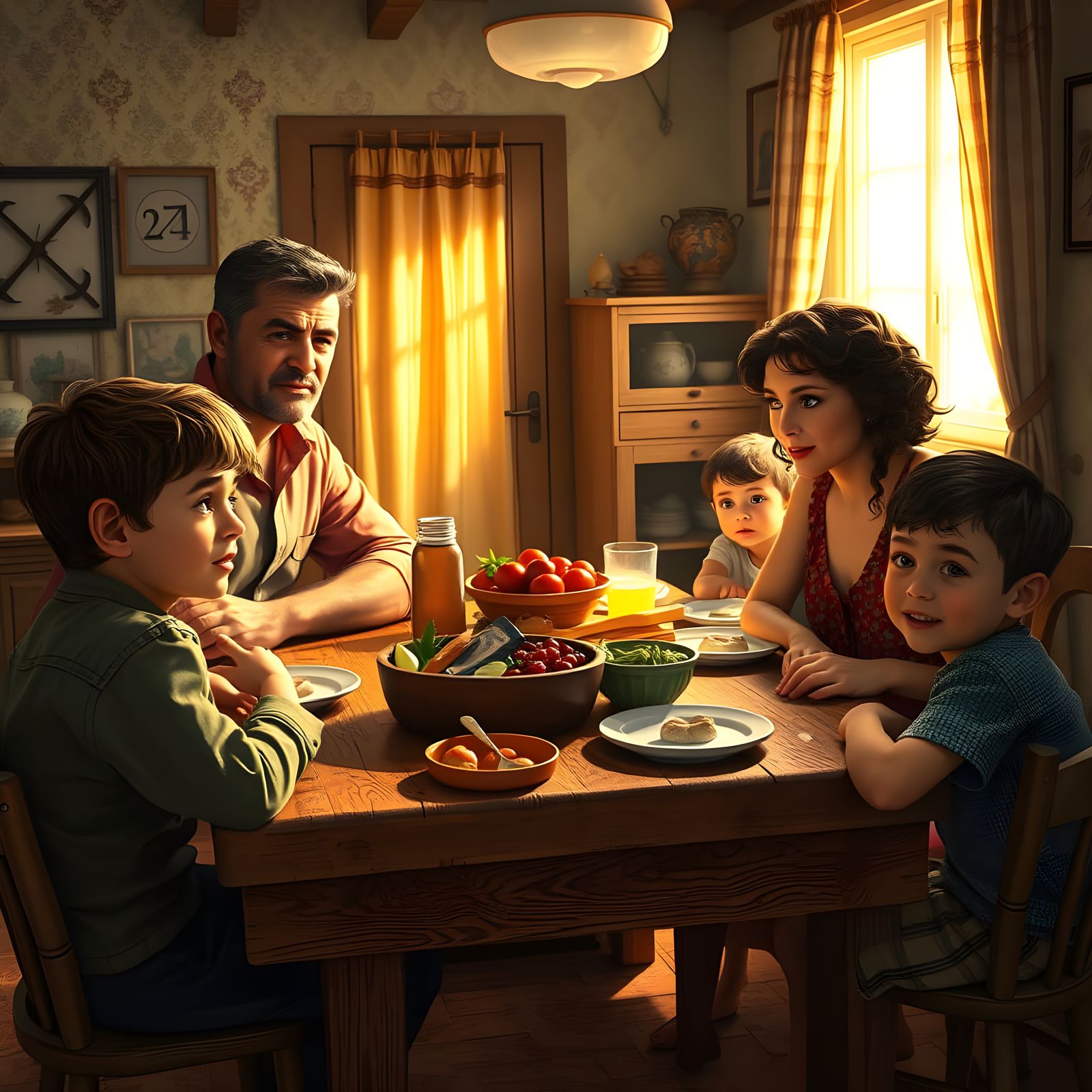 Warm Italian Family Gathered around Vintage Lunch Table in R...