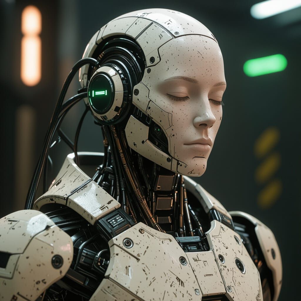 Cyborg Portrait in Cyberpunk Biomechanical Armor