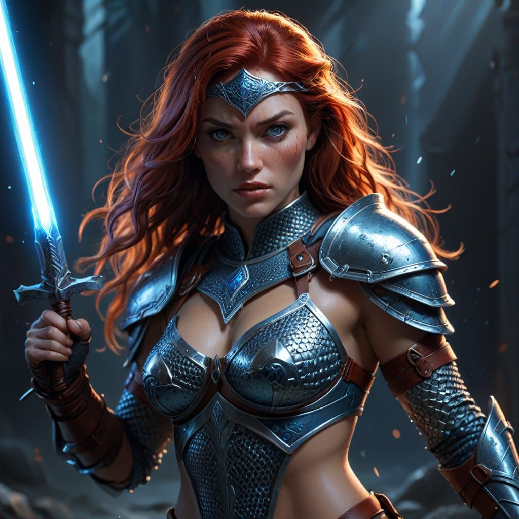 Epic Warrior Woman Wields Blue Light Saber in Hyper-Realisti...
