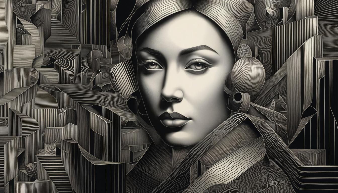 Detailed Engraving Portrait in Surreal Cubist Style