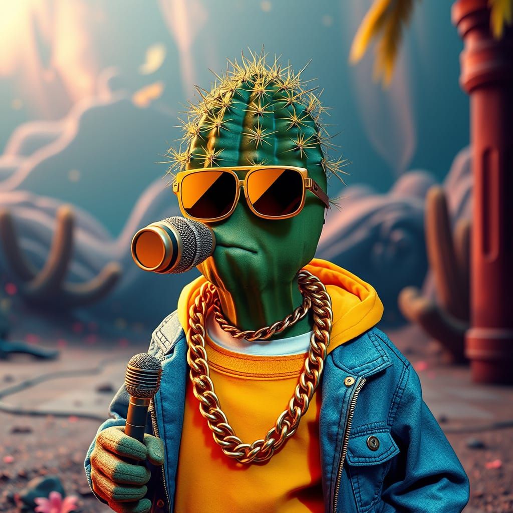 Rapper Cactus in Vibrant Fantasy World