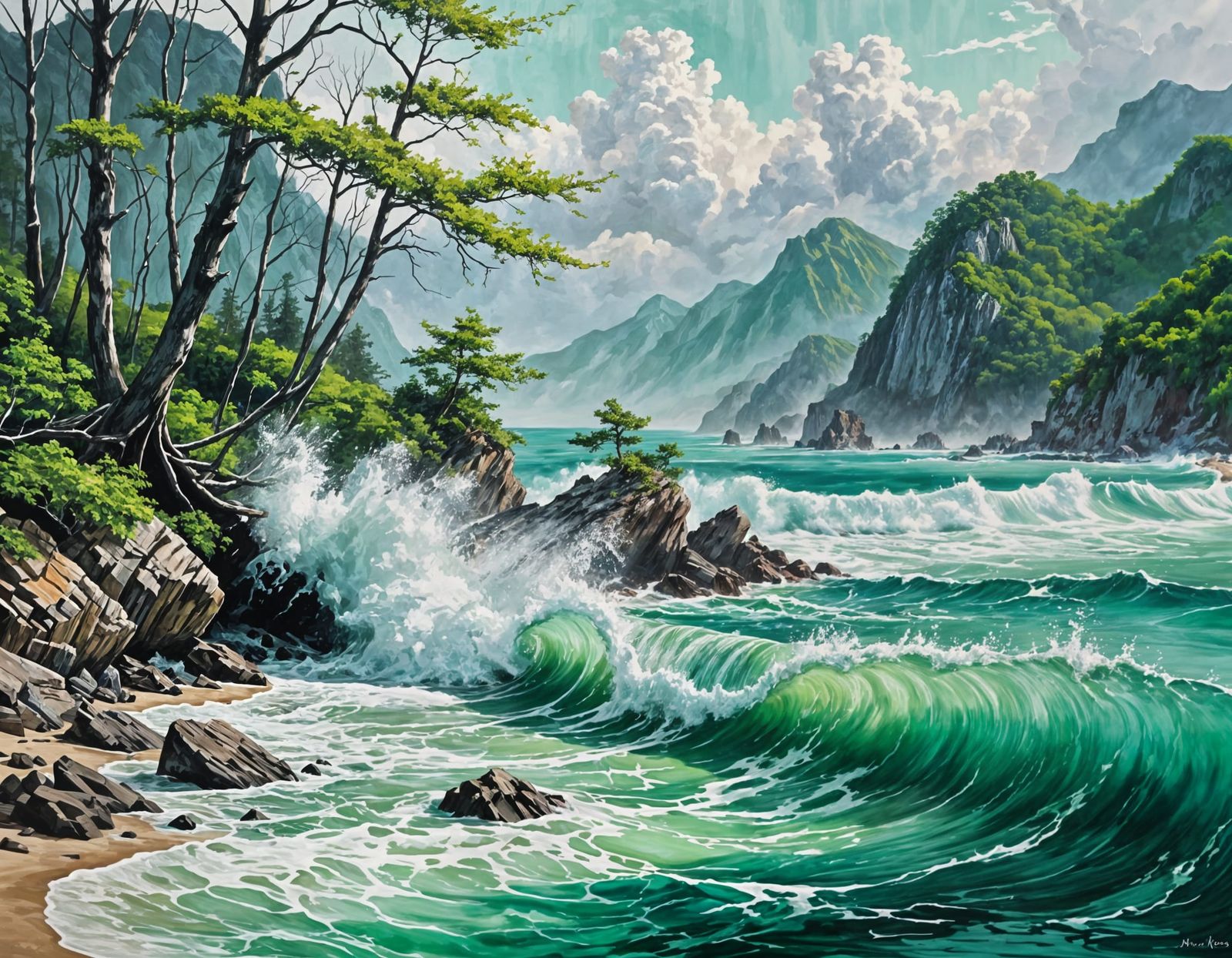 Powerful Ocean Storms Meet Emerald Lake: An Oil Painting