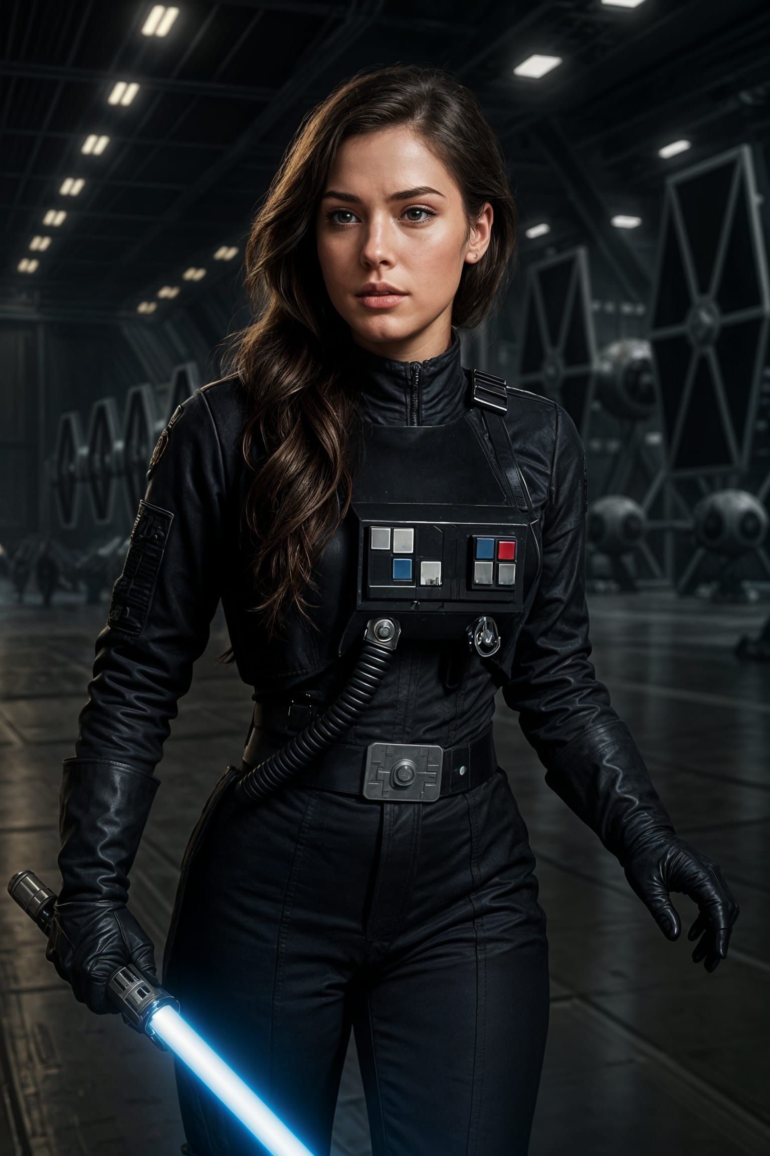 Jaina Solo in TIE Fighter Pilot Gear with Blue Lightsaber