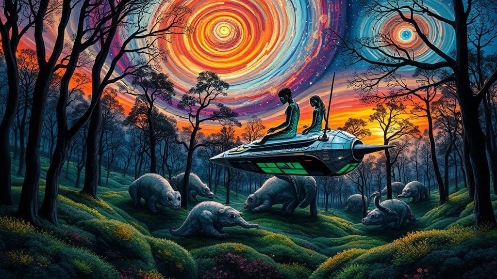 Stained Glass Forest Glade Under Swirling Nebulae