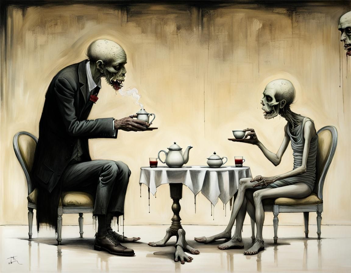 Child and Zombie Tea Party in Dark Surrealist Style