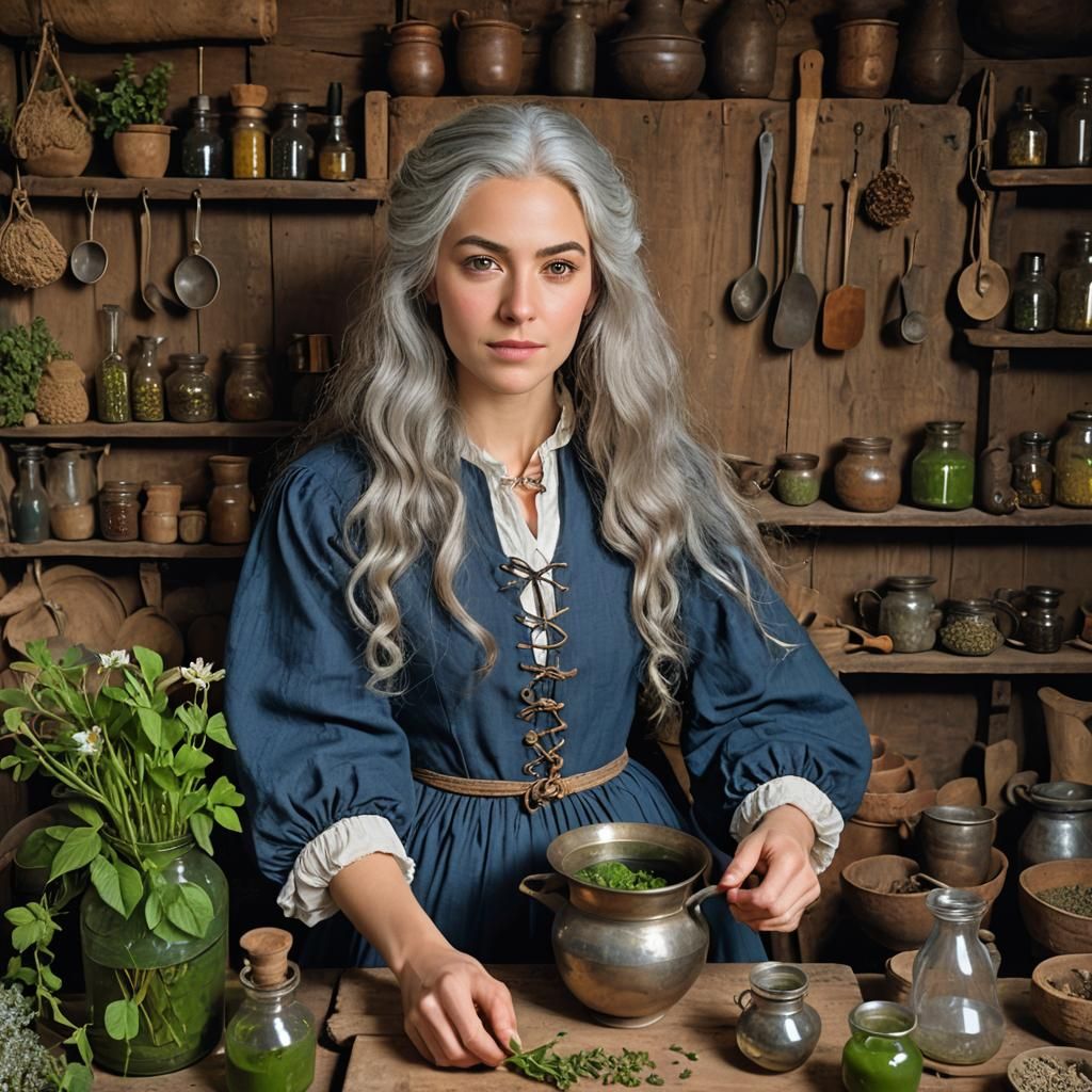 18th Century Herbalist Making Potions, Hyperdetailed Portrai...