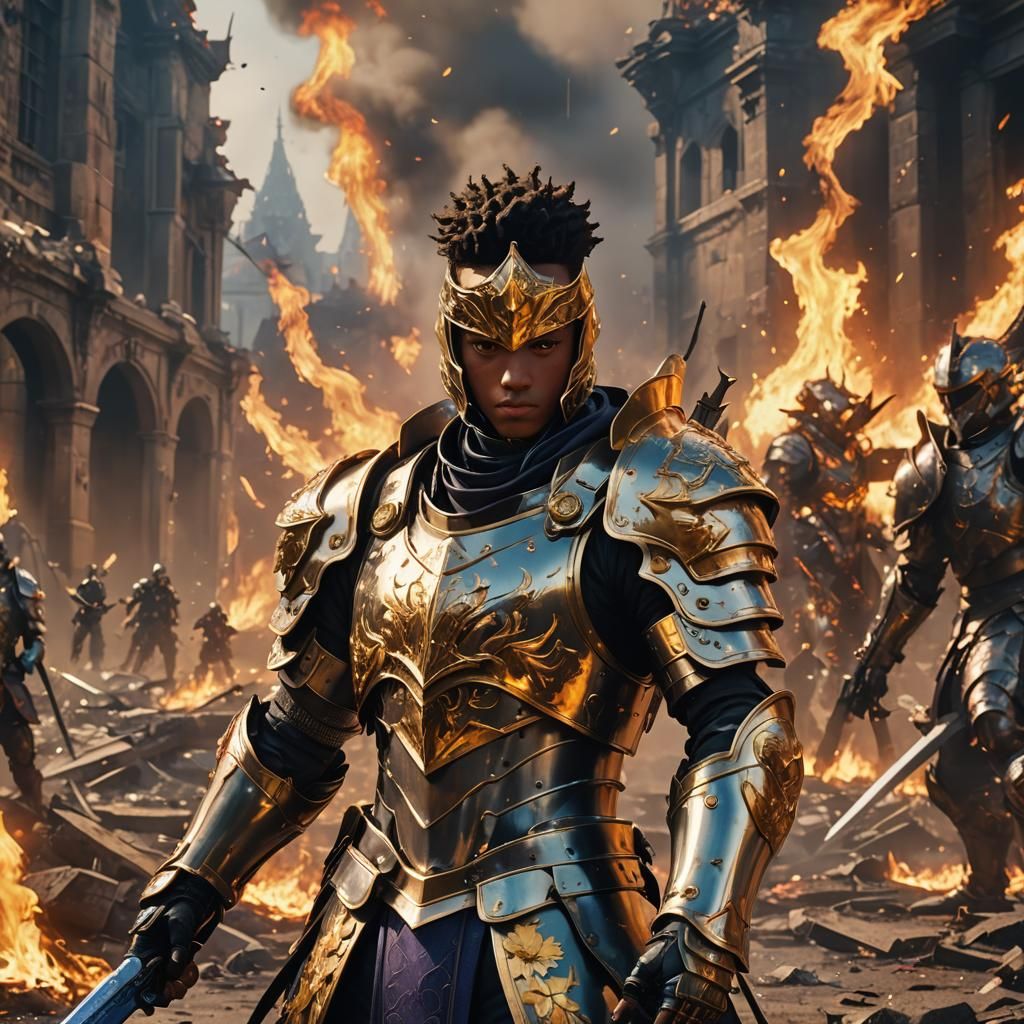 Armored Prince Amidst Battlefield Flames: Anime-Inspired 3D ...