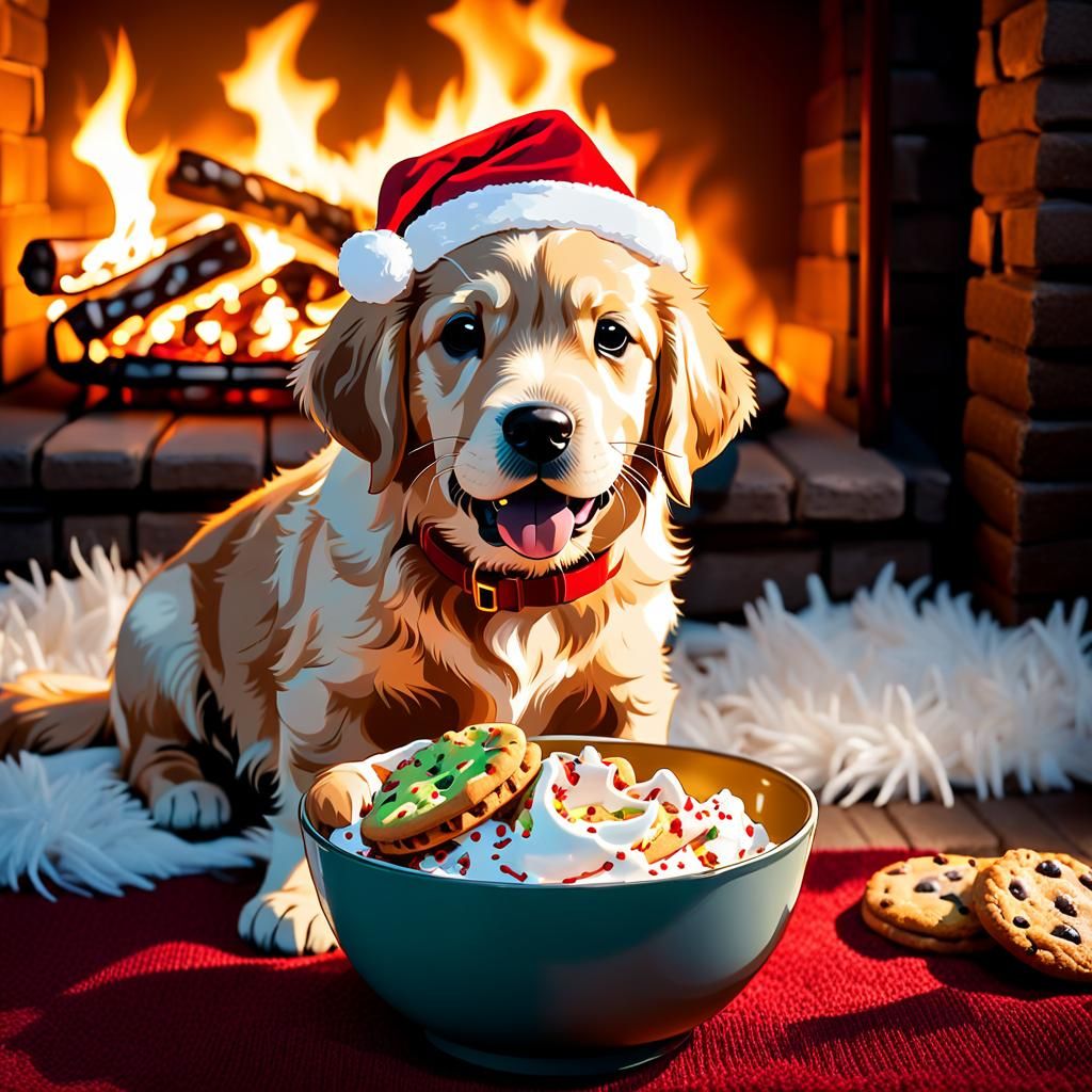 Cozy Golden Retriever Puppy by the Christmas Fire