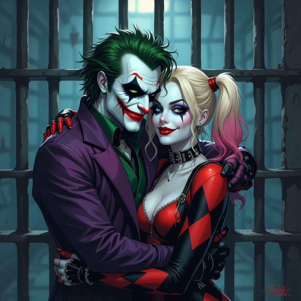 Harley Quinn and Joker Embrace: Graphic Art Style