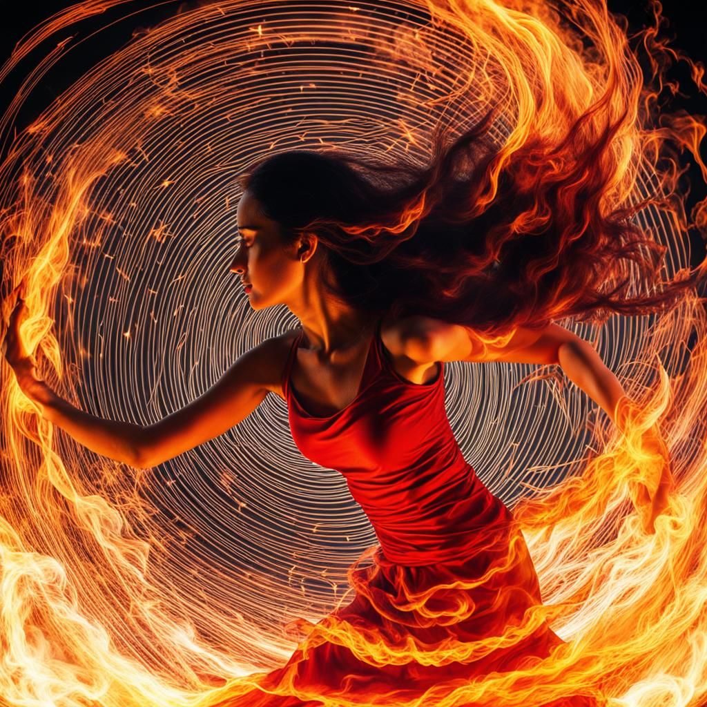 Fiery Woman Dancing in Flames and Smoke