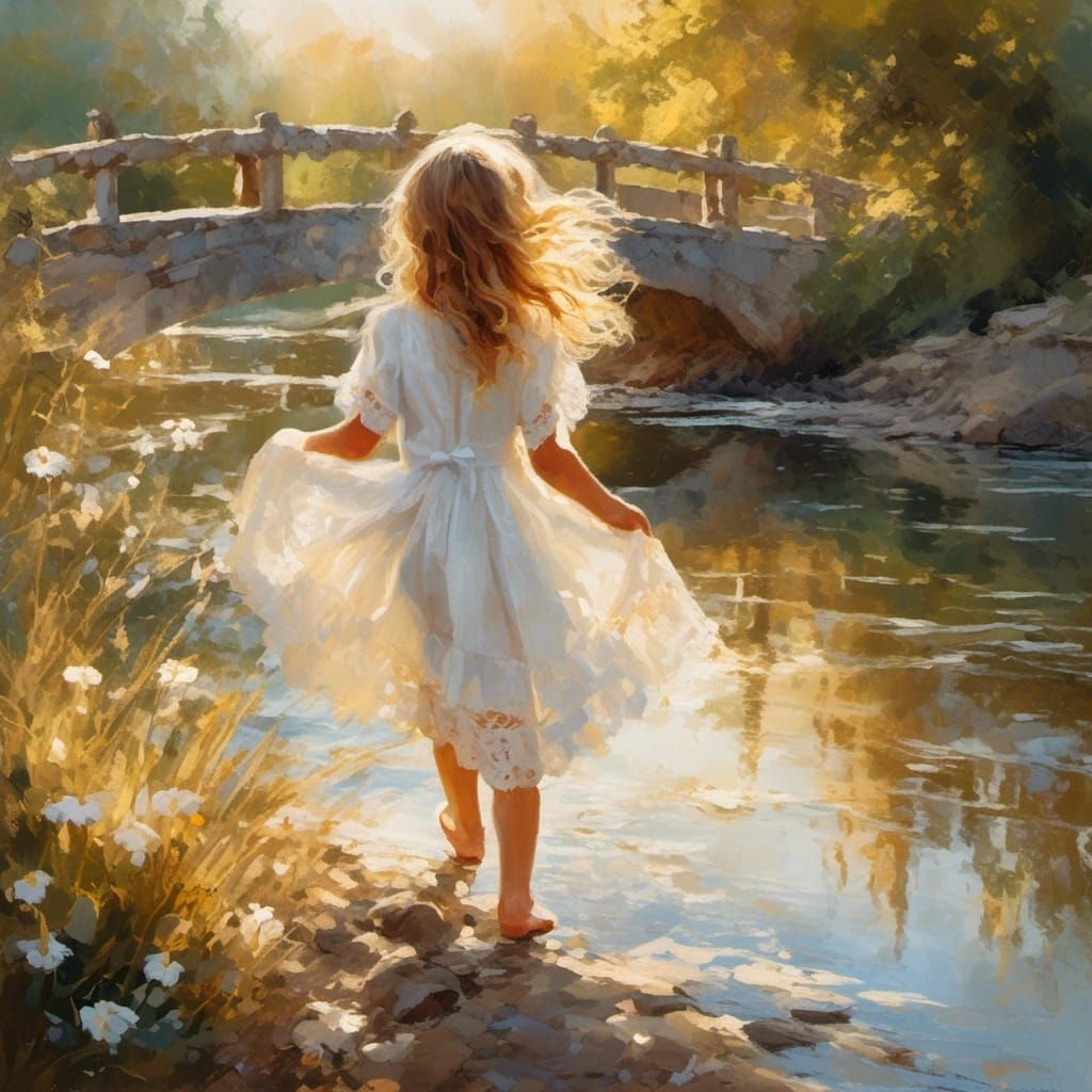 Girl in White Dress by River: Impressionistic Summer