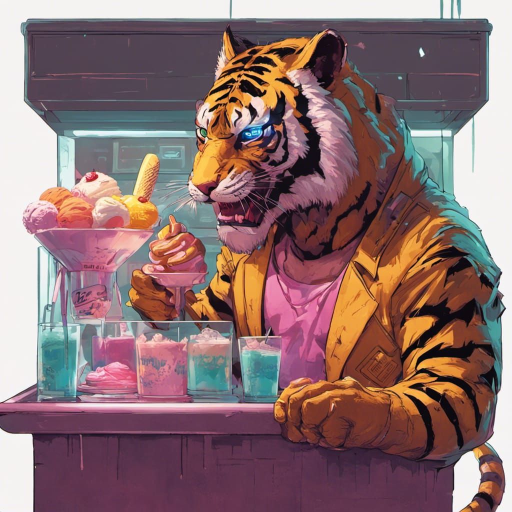 Robotic Tiger Serves Ice Cream in Cyberpunk Diner