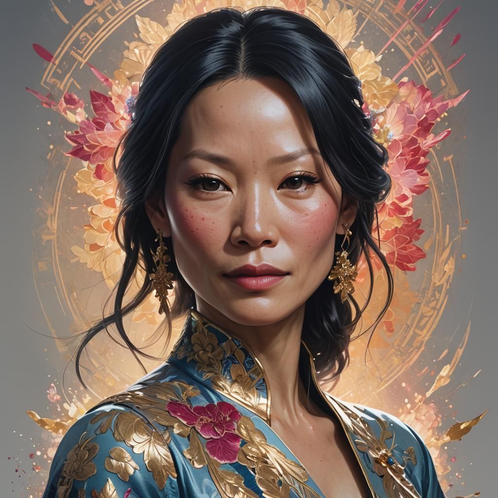 Glamour Portrait of Lucy Liu in Splash Art Style