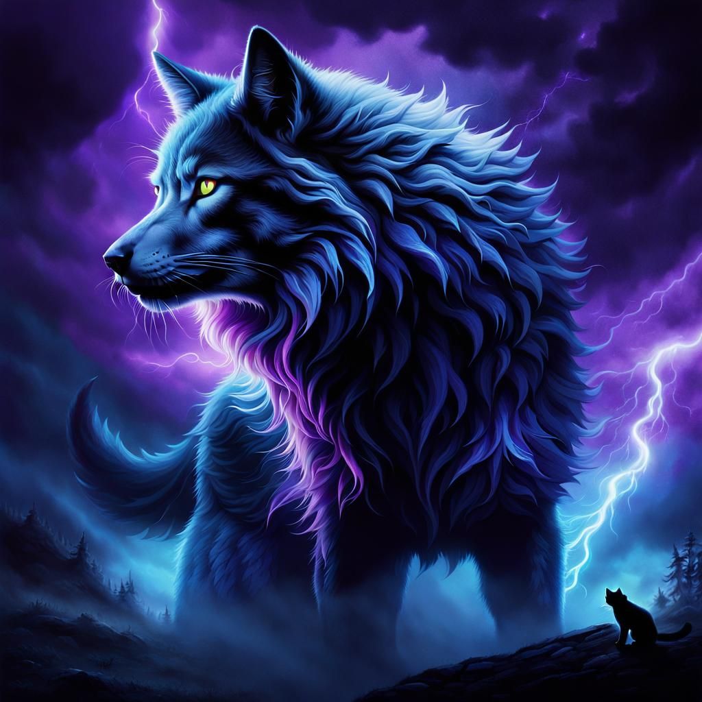 Mystical Wolf-Cat Creature in Dark Fantasy Art