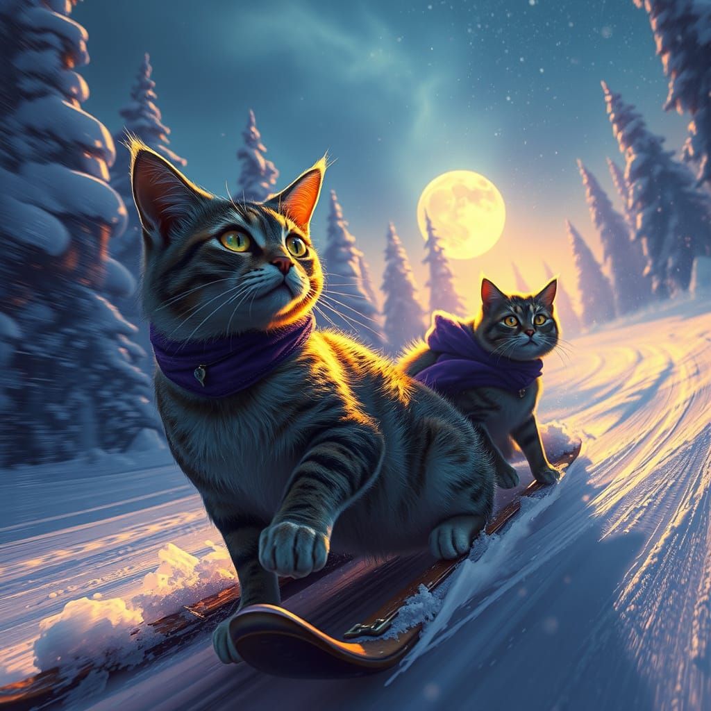 Ethereal Cat Sleds Through Dark Fantasy Realm in Masterpiece...