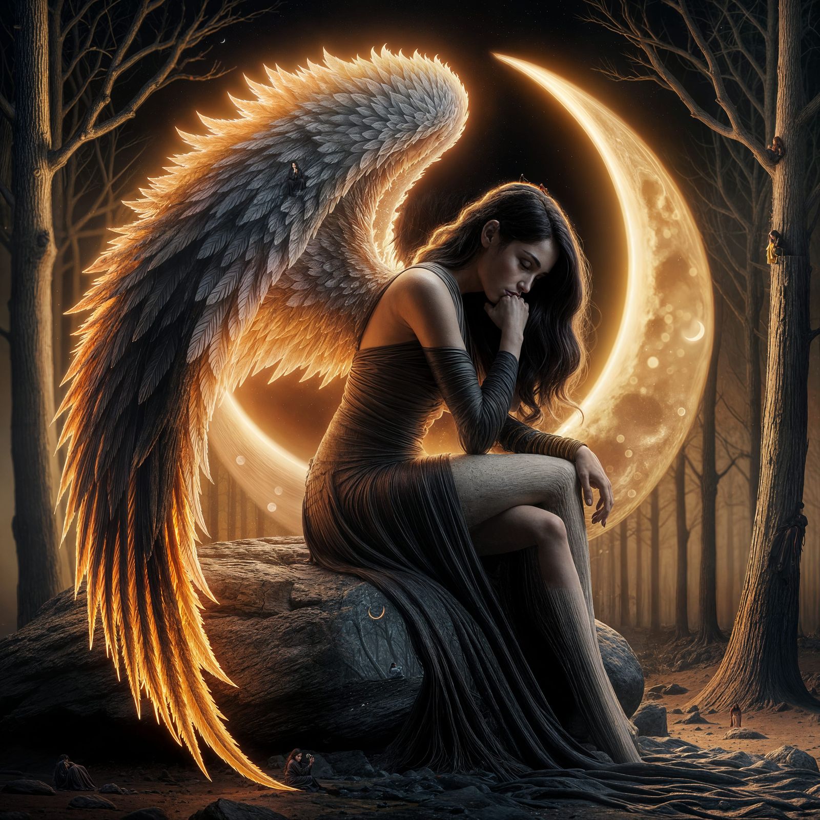 Ethereal Goddess with Blazing Wings, Illuminated by Golden M...
