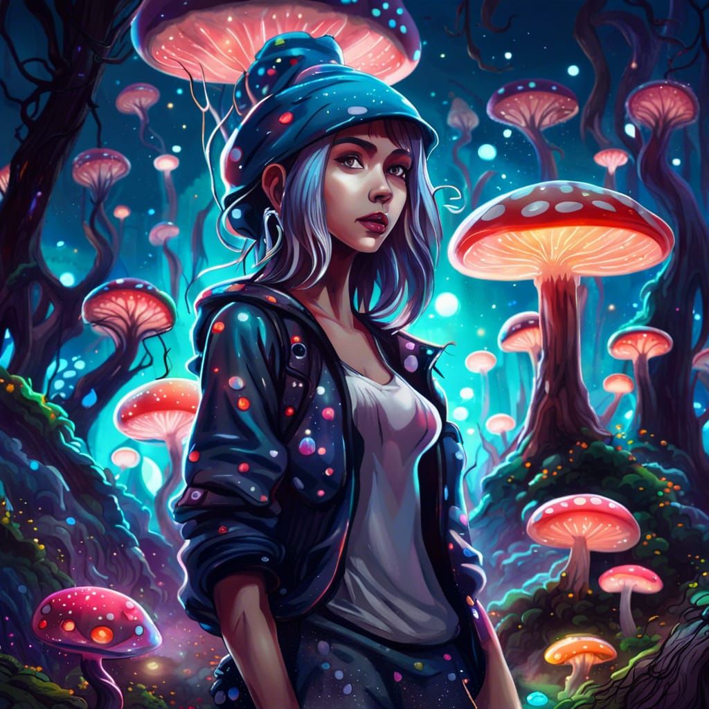 Anime Woman with Tentacles in Fantasy Mushroom Grove