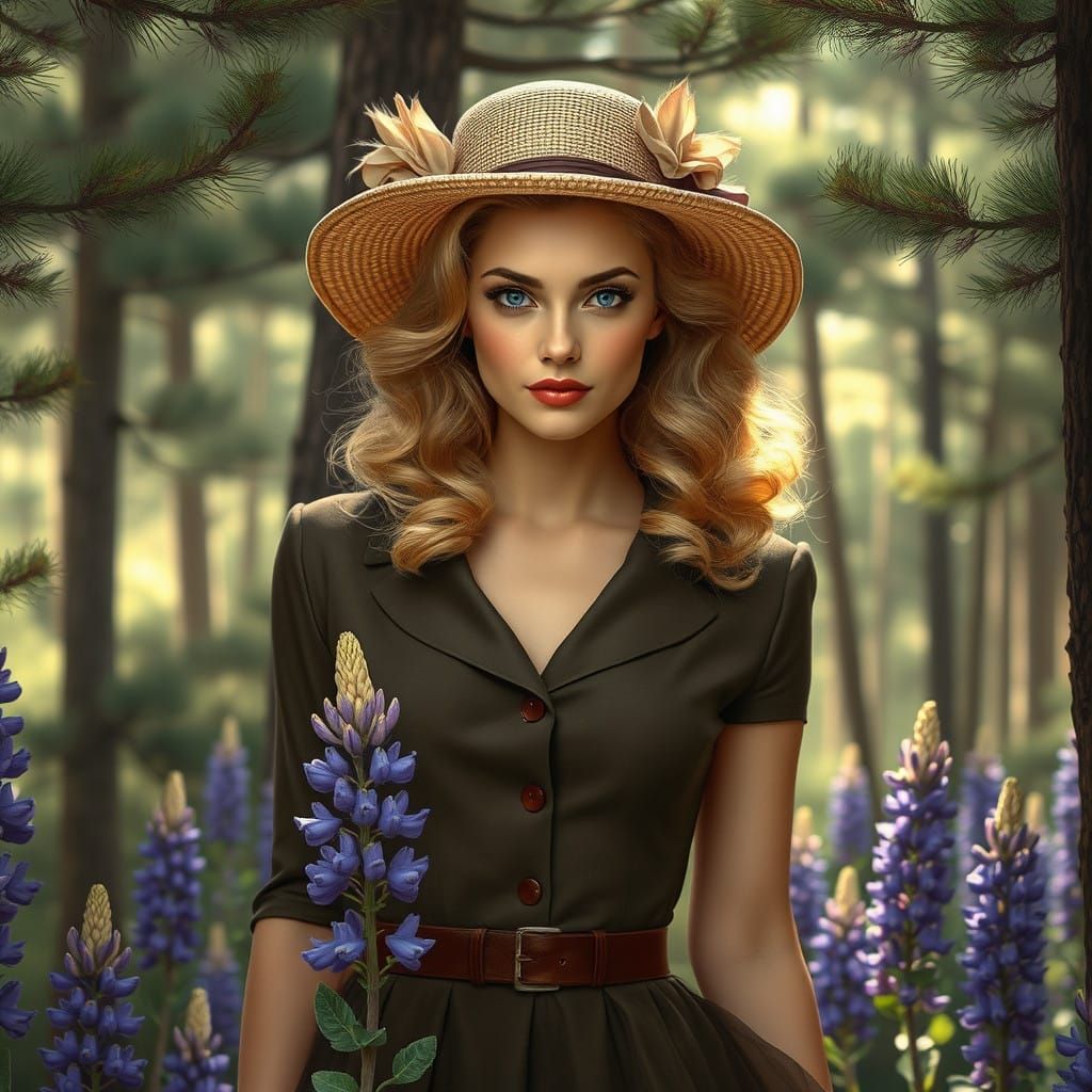 Ethereal 1940s Siren Amidst Whimsical Pine Forest