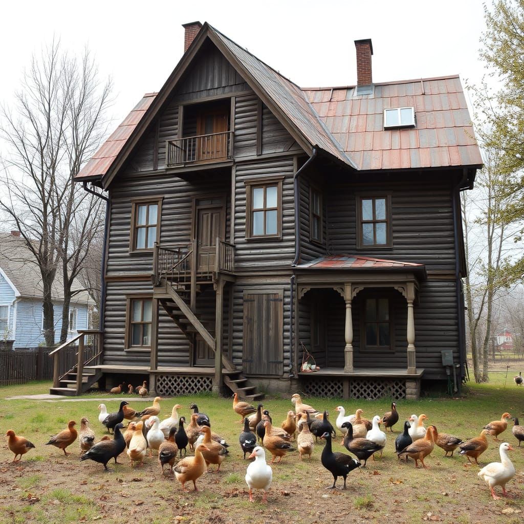 Large Rural House with Many Farm Animals