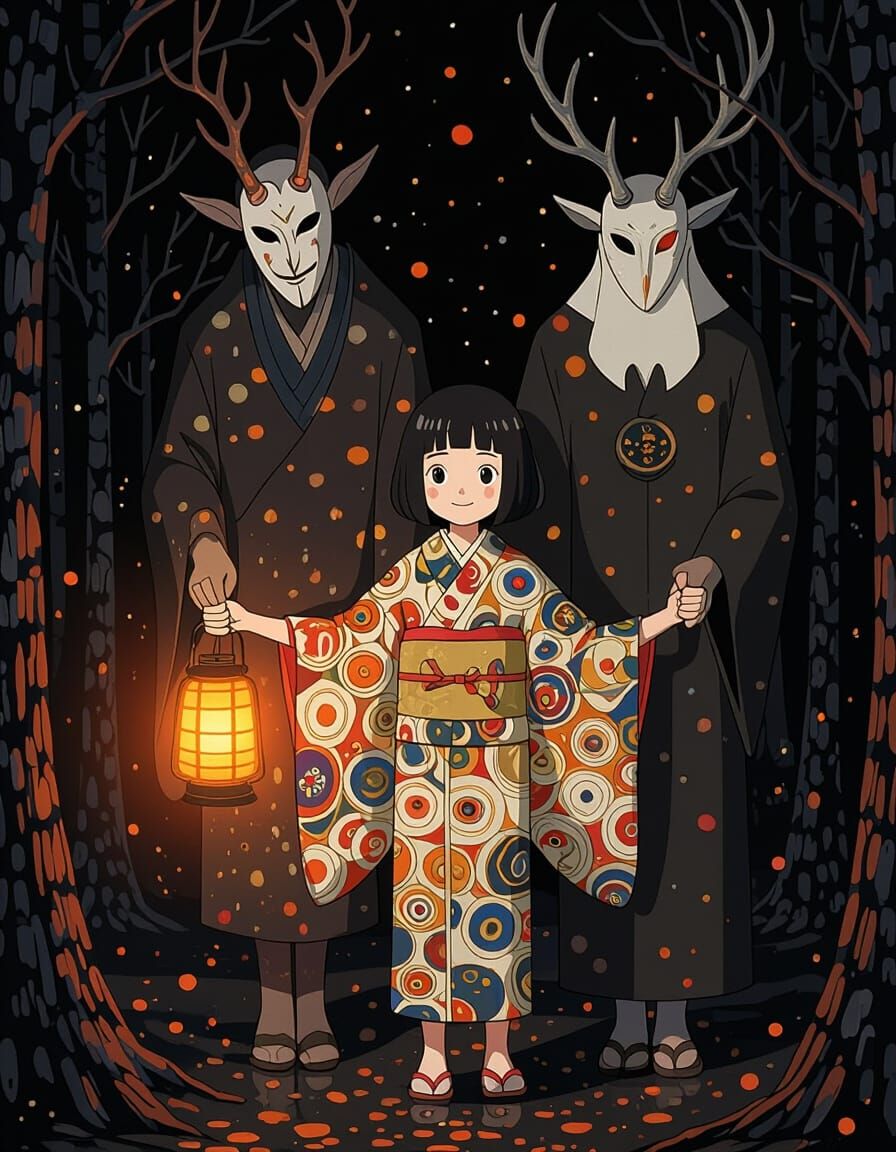 Joyful Girl with Fantasy Spirits in Enchanted Forest