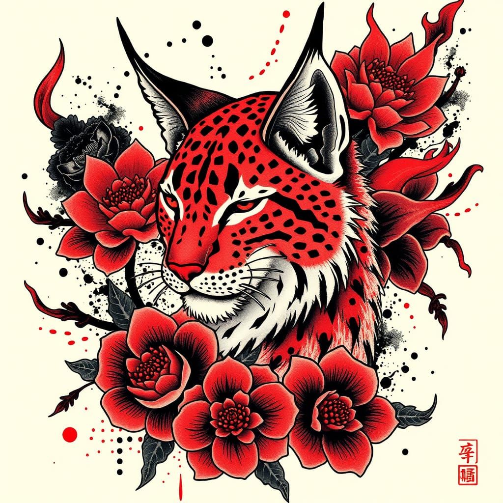 Lynx Tattoo with Flowers and Flames