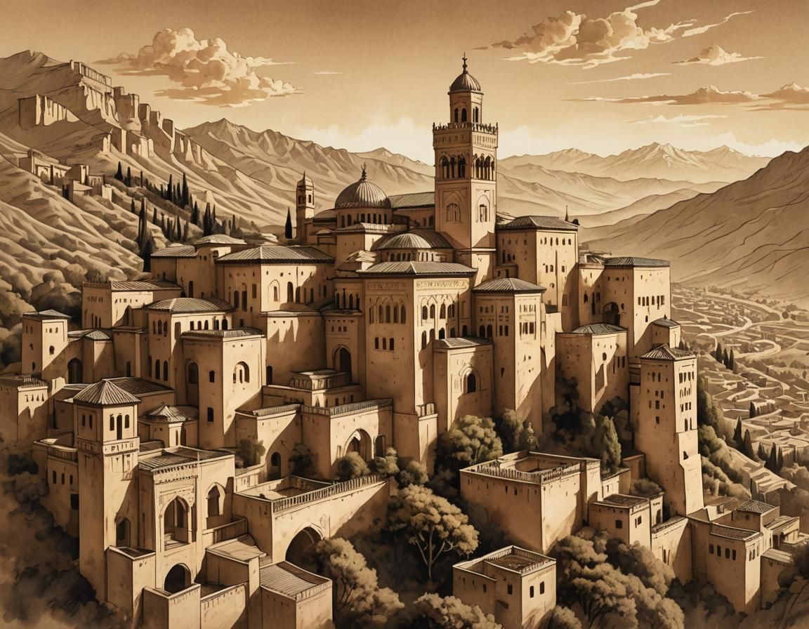 Alhambra in Vintage Illustration Style