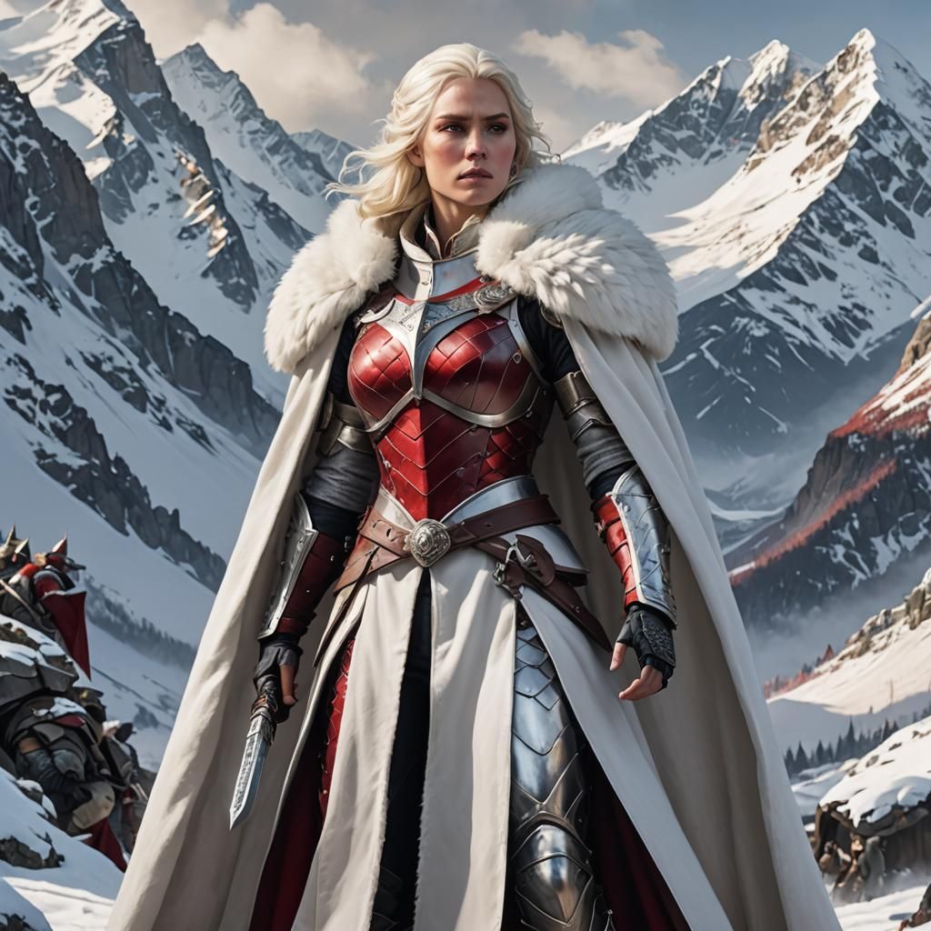 Platinum-Haired Warrior Queen in Crimson Armor