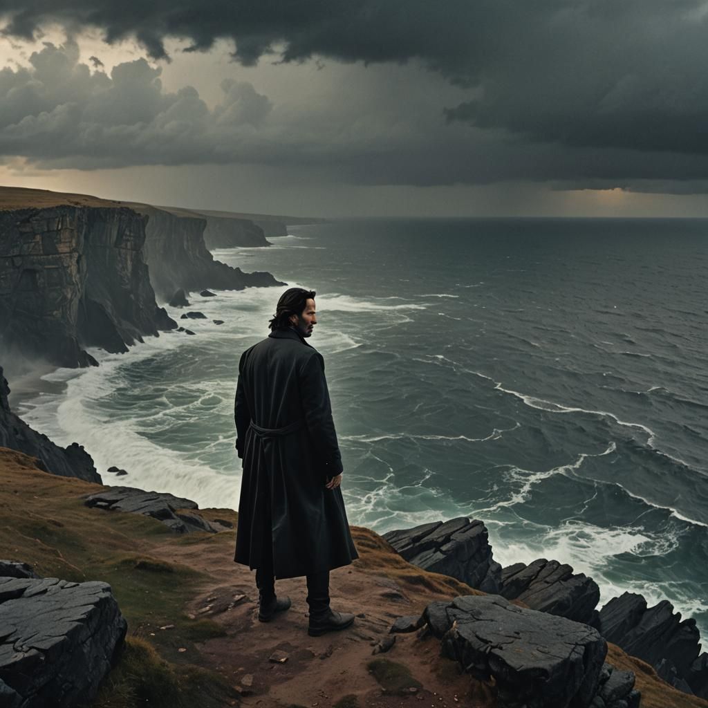 Keanu Reeves on Cliff Edge Overlooking Stormy Sea