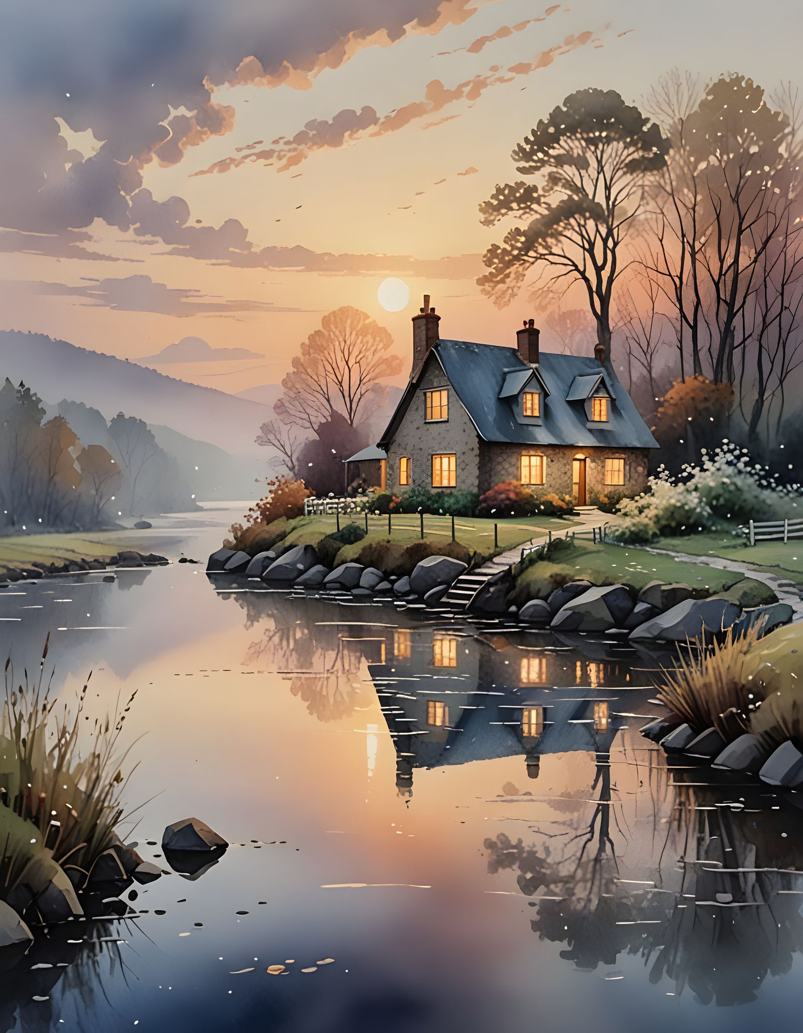 Winter Landscape Watercolor: Cottage Spanning River