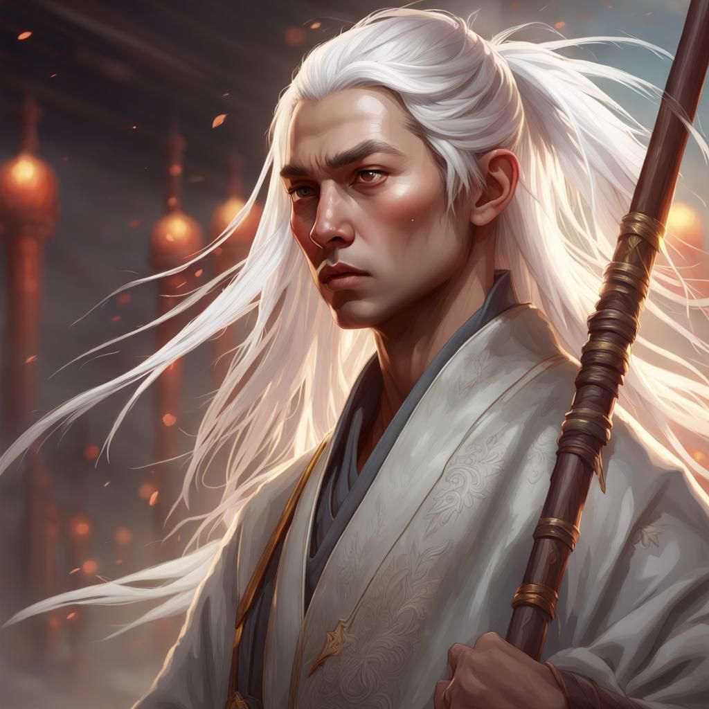 Young Monk Portrait with Staff, Detailed Digital Art