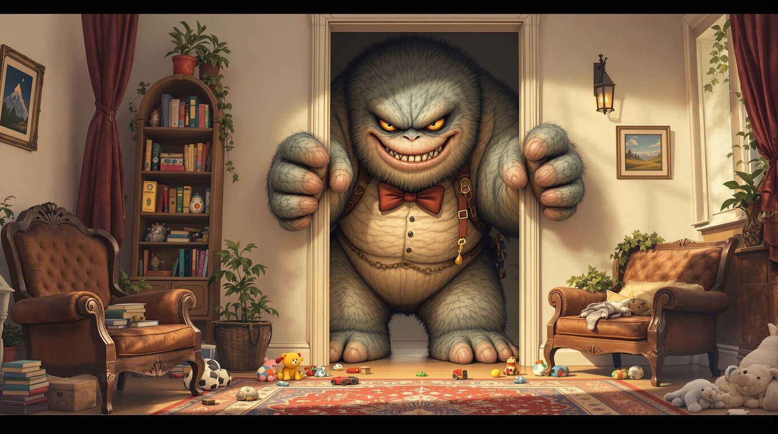 Surreal Monster Emerges from Doorway in Vibrant, Realistic S...