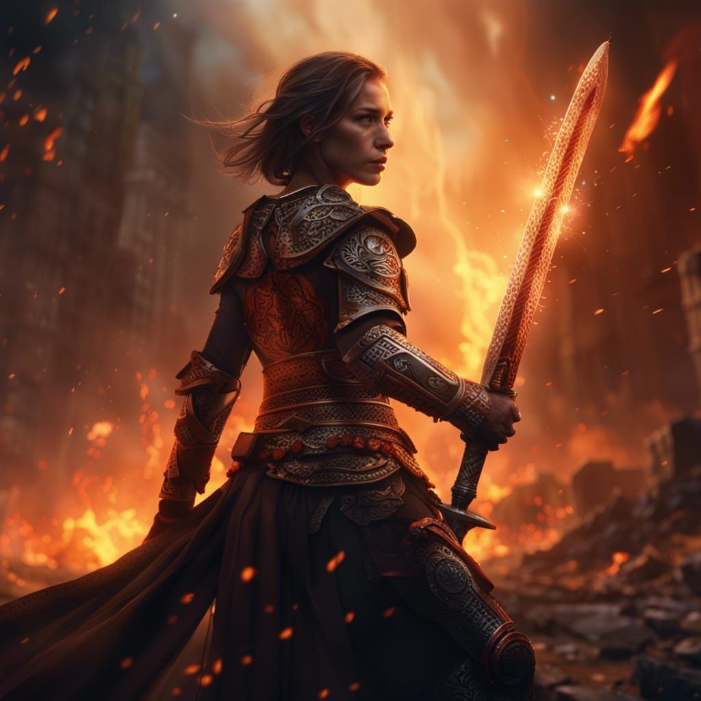 Victorious Female Warrior in a Fiery Landscape