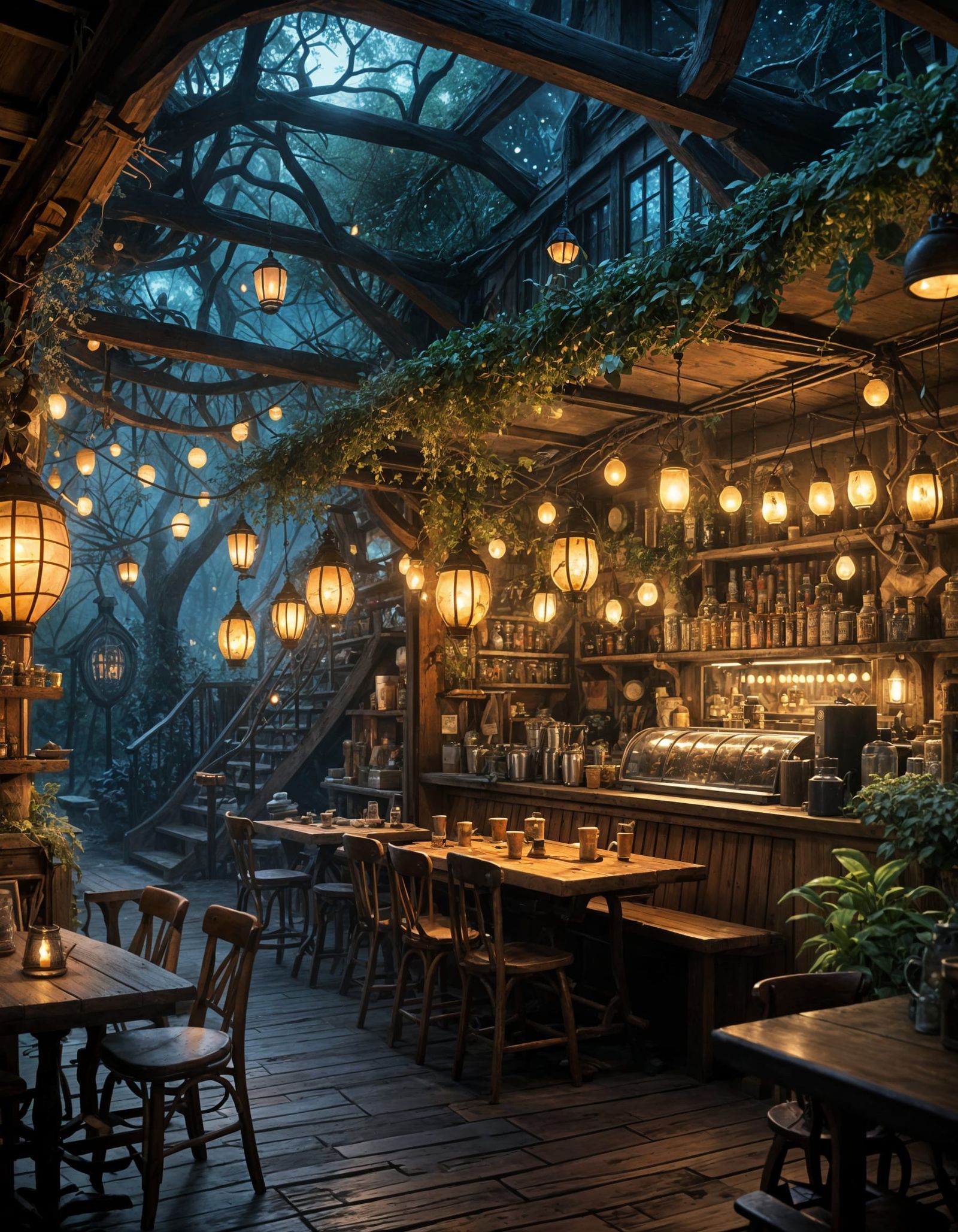 Enchanting Midnight Cafe in Glowing Forest