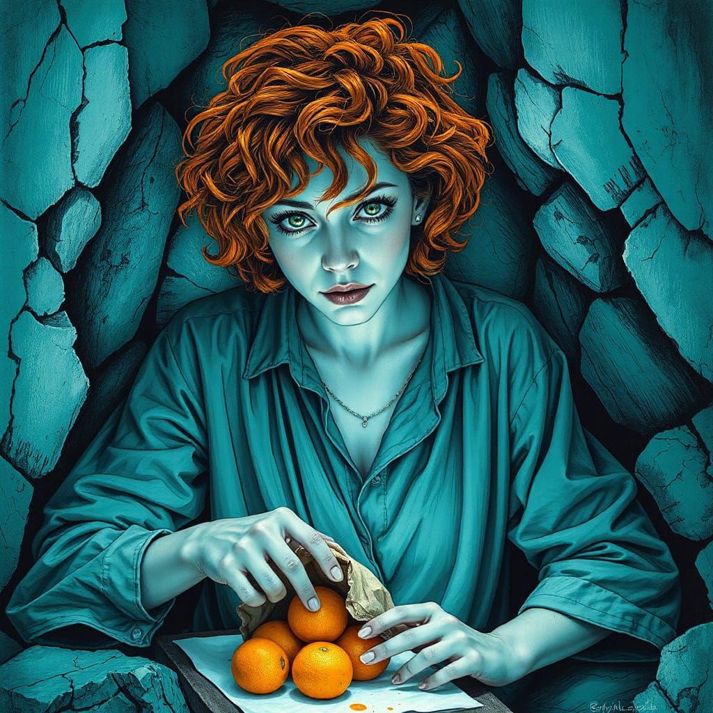 Turquoise Sketch of Woman with Oranges