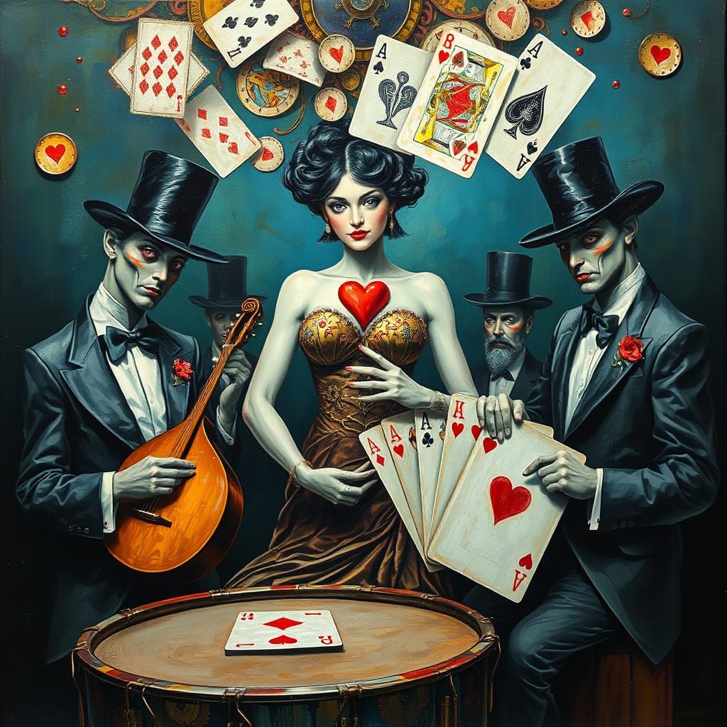 Surreal Cyberpunk Card Game with Steel Drum Band