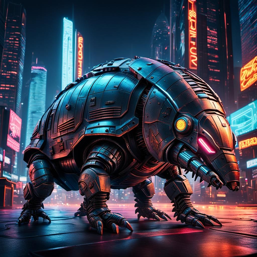 Neon Cityscape Armadillo Mech in Sci-Fi Style