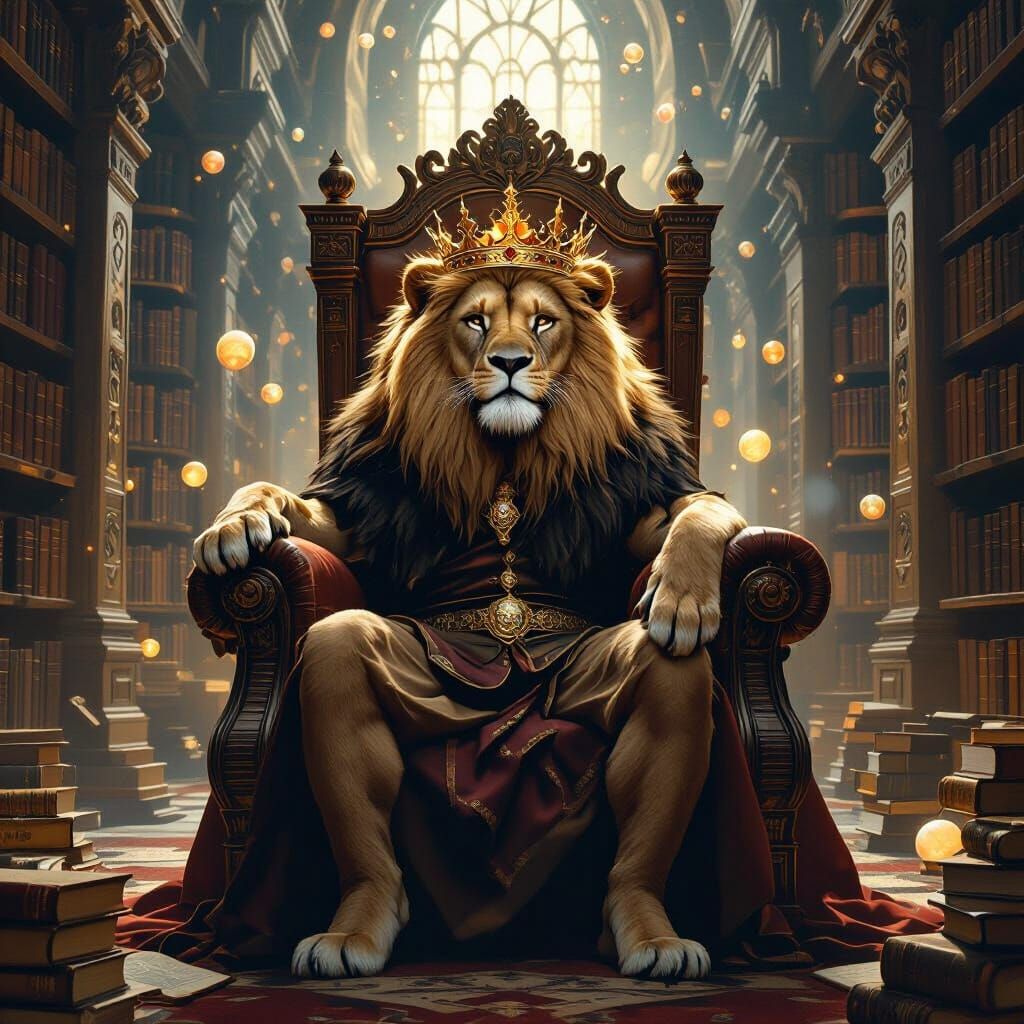 Crowned Lion King on Book Throne, Renaissance Style