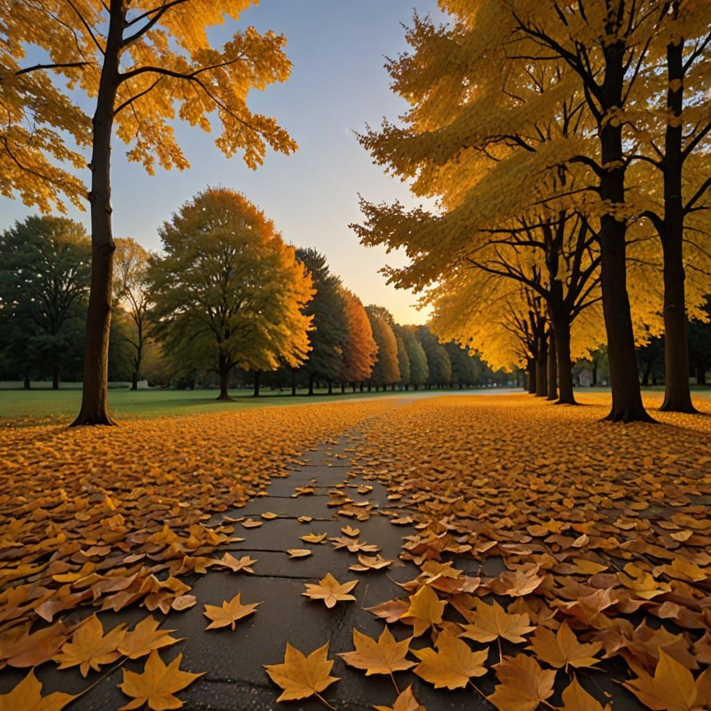 Golden Leaves Drifting in Autumn Twilight