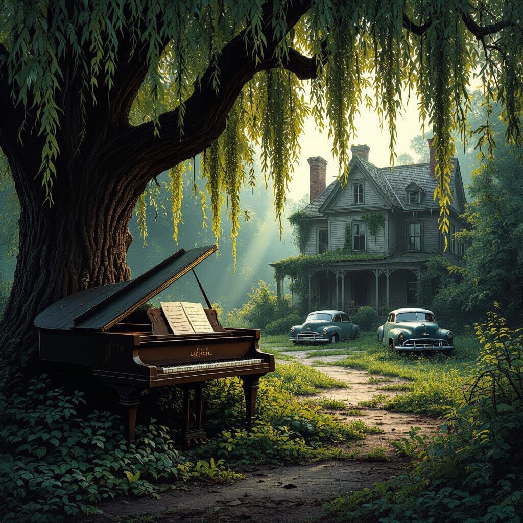 Serene Piano Under Weeping Willow in Atmospheric Landscape