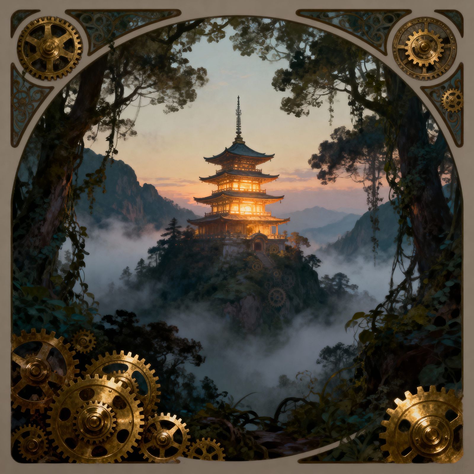 Intricate Glowing Pagoda in Misty Mountains at Dawn