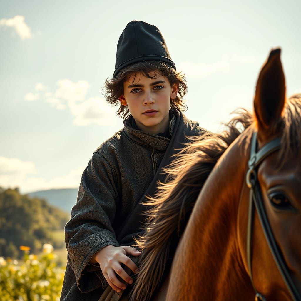 Youthful Prophet Rides Majestic Horse in Golden Light