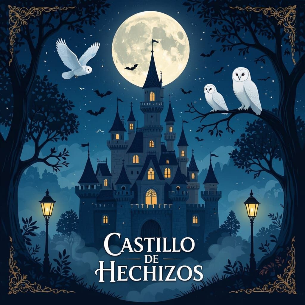 Storybook Castle Poster with Owls and Full Moon
