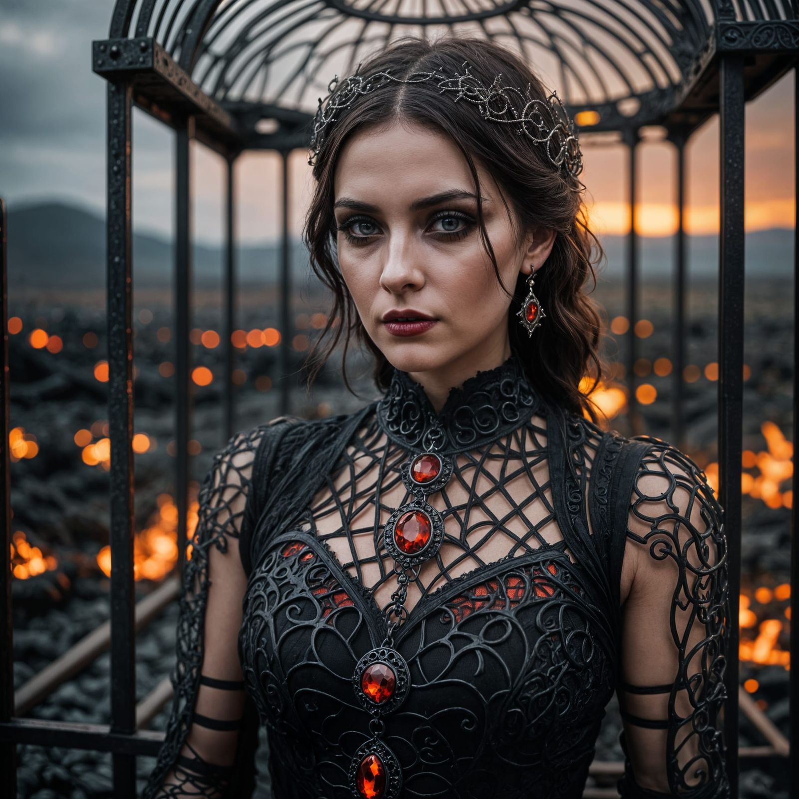 Gothic Woman in Cage with Lava Landscape