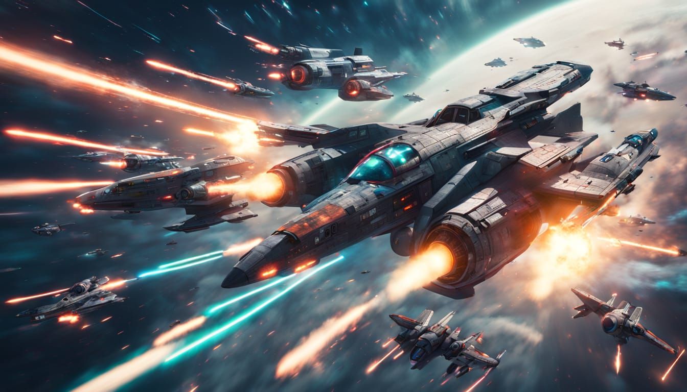 Sleek Starfighters Engage in a Dynamic Dogfight Amidst a Swi...