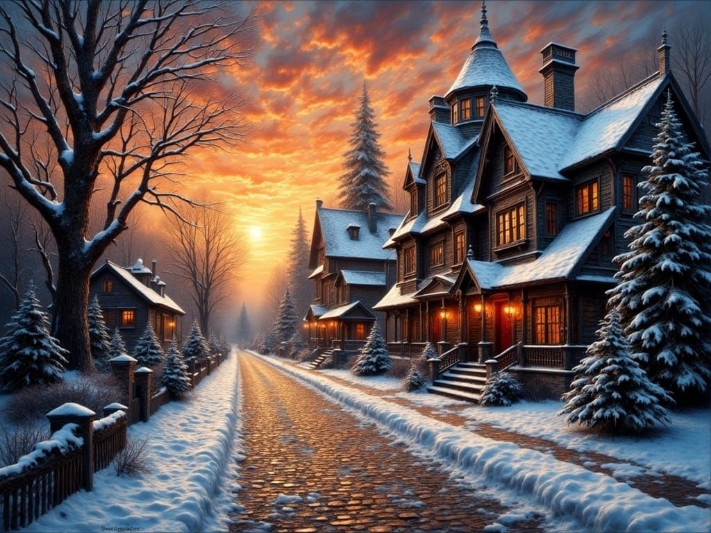 Winter Wonderland Scene in Vibrant Sunset Hues