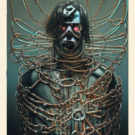 Cyberpunk Undead in Asylum, Detailed Gouache Illustration